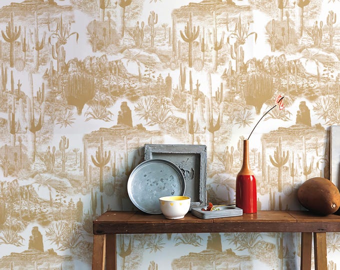 Boho Cactus Wallpaper: Vintage Western Landscape Wall Art for Chic, Rustic Interiors, Cactus Landscape Boho Wallpaper,