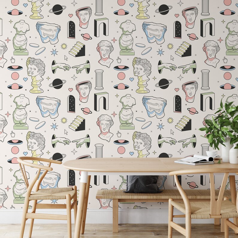 May include: A white background with a repeating pattern of black and white illustrations of Greek statues, stars, planets, and geometric shapes. The pattern is repeated on a wall behind a wooden table and two chairs.