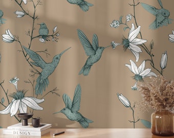 Floral Hummingbird wallpaper, Vintage Flowers and Birds, Sparrow blue and white Wall Decor on beige backgroiund