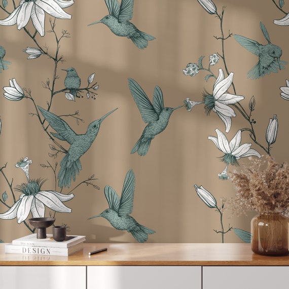 Floral Hummingbird wallpaper, Vintage Flowers and Birds, Sparrow blue and white Wall Decor on beige backgroiund