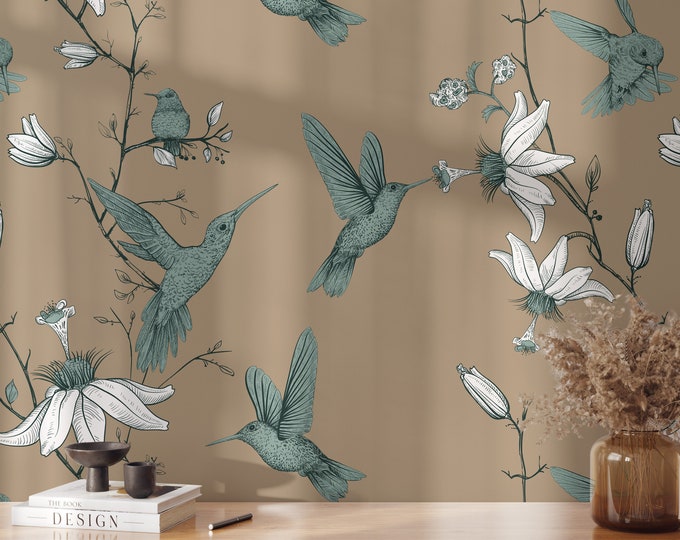 Floral Hummingbird wallpaper, Vintage Flowers and Birds, Sparrow blue and white Wall Decor on beige backgroiund