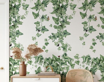 Climbing Green Ivy Leaves Wallpaper with Birds and Butterflies, Watercolor Foliage Hedera Ivy Wall Decor