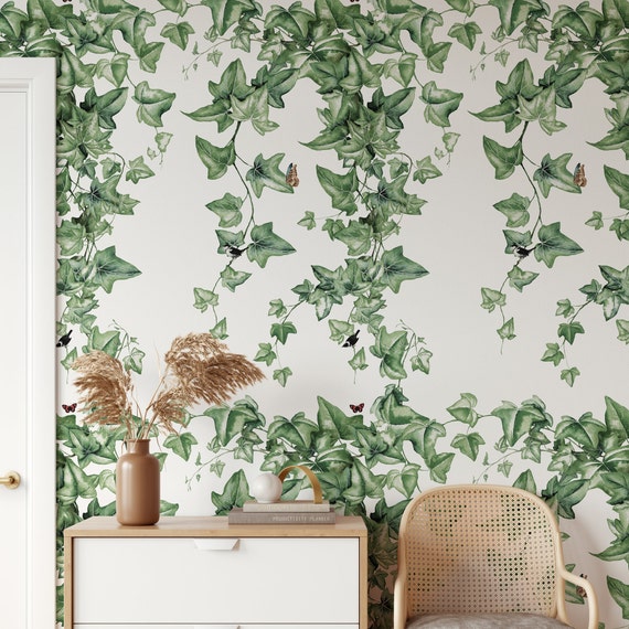 Climbing Green Ivy Leaves Wallpaper with Birds and Butterflies, Watercolor Foliage Hedera Ivy Wall Decor