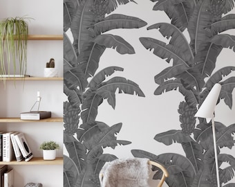 Tropical Palm Leaf Wallpaper, Banana Leaves Decor, Black White Green Yellow