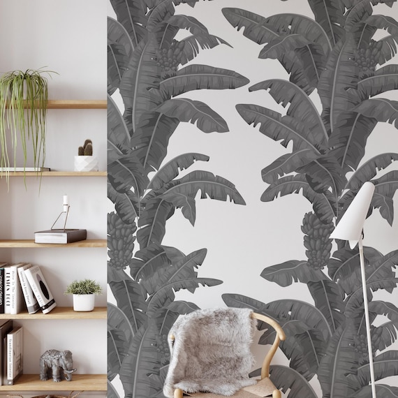 Tropical Palm Leaf Wallpaper, Banana Leaves Decor, Black White Green Yellow