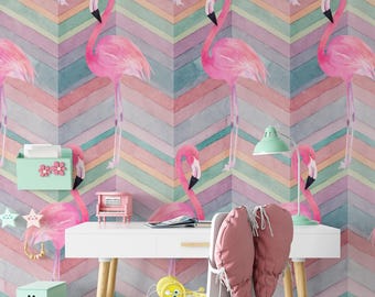 Flamingo Rainbow Wallpaper, Pastel Nursery Wallpaper, Tropical Bird Kids Room Decor, Pink Green Wall Mural
