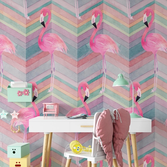 Flamingo Rainbow Wallpaper, Pastel Nursery Wallpaper, Tropical Bird Kids Room Decor, Pink Green Wall Mural