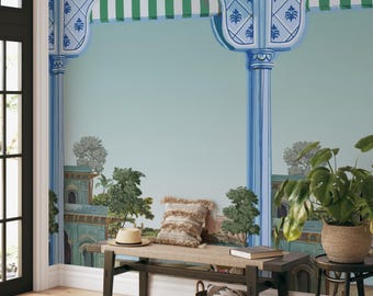 Indian Palace Wallpaper Mural | Exotic Rajput Design with Lake & Rider | Bohemian Home Decor, Vintage Style Wall Art
