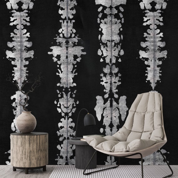 Black White Abstract Wallpaper, Shibori Inkblot Wall Mural, Monochrome Rorschach Art Modern Minimalist Decor