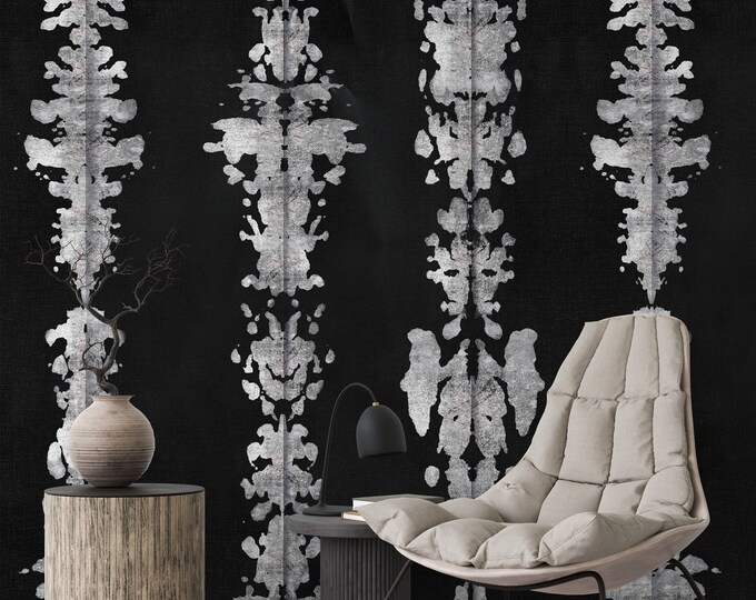 Black White Abstract Wallpaper, Shibori Inkblot Wall Mural, Monochrome Rorschach Art Modern Minimalist Decor