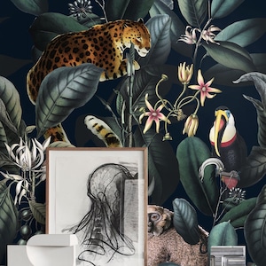 May include: A dark blue background with a jungle scene featuring a leopard, toucan, and monkey. The scene is filled with lush green leaves and flowers. A black and white drawing of a human figure is in a frame.