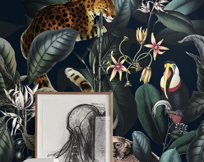Dark Jungle Wallpaper, Tropical Rainforest with Jaguar and Toucan, Exotic Botanical Animal Wall Art