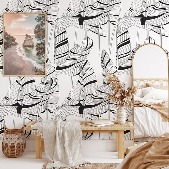 Trendy Black And White Tropical Forest Wallpaper, Dark palm tree leaf Wall Decor, Tropical Banana Leaves Wall Papering