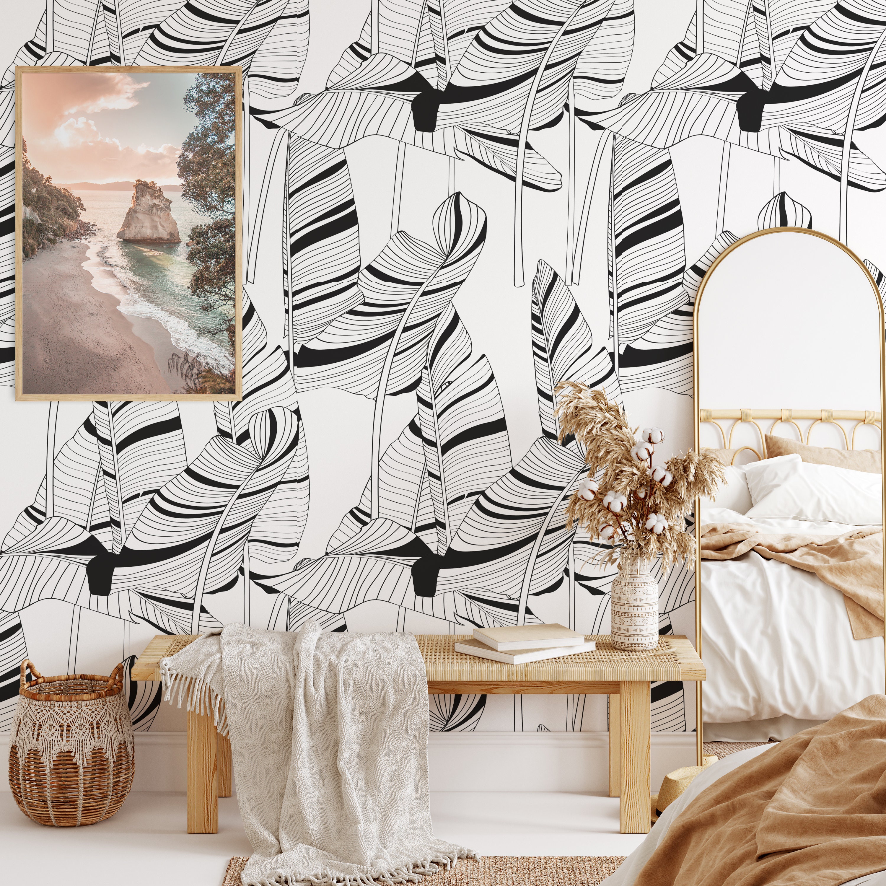 Trendy Black And White Tropical Forest Wallpaper, Dark palm tree leaf Wall Decor, Tropical Banana Leaves Wall Papering Trendy Black And White Tropical Forest Wallpaper, Dark palm tree leaf Wall Decor, Tropical Banana Leaves Wall Papering