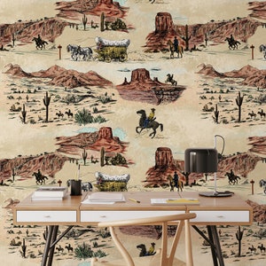 Western Wallpaper with Vintage Cowboy and Horses, Wild West Aesthetic Vintage Wallpaper, Desert Wall Decor,  Rustic Easy-Install Wallpaper