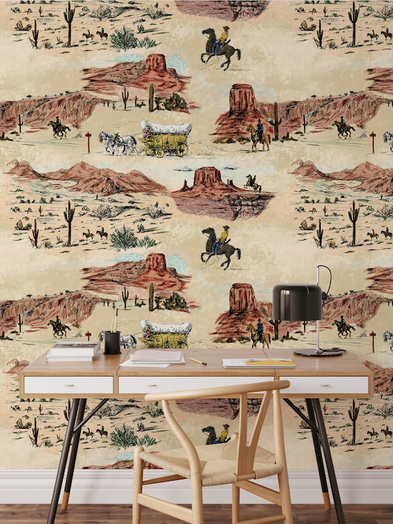 Western Wallpaper with Vintage Cowboy and Horses, Wild West Aesthetic Vintage Wallpaper, Desert Wall Decor,  Rustic Easy-Install Wallpaper