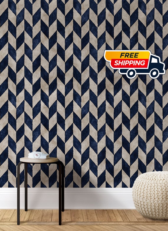 Blue Herringbone Wallpaper, Minimalist Chevron Wall Decor, Soft Blue and Cream Simple Modern Wall Papering