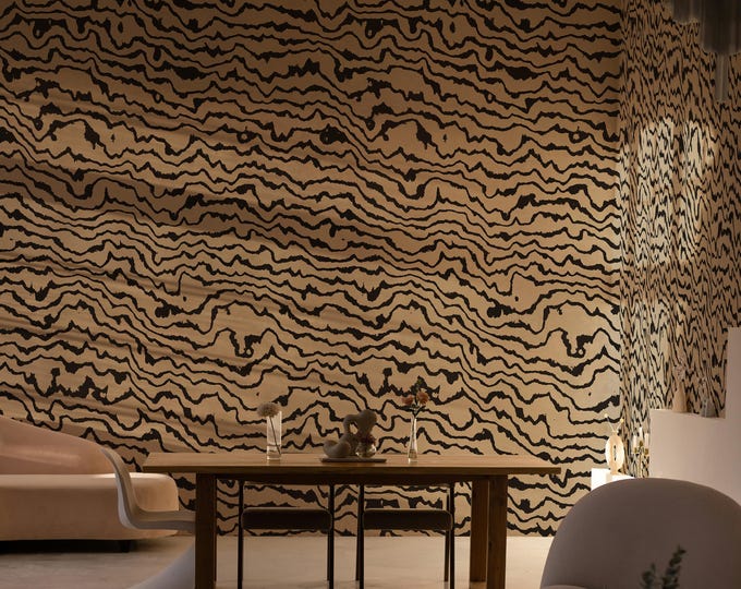 Abstract Wavy Wallpaper, Black Beige Mid Century Wall Mural, Neutral Accent Panel