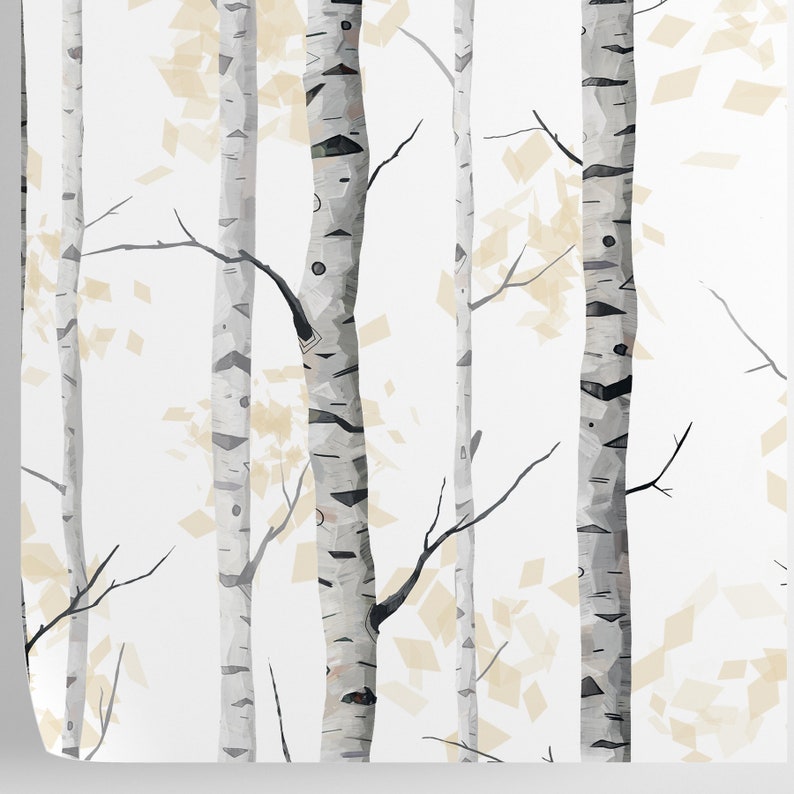 Pu&ograve; includere: Uno sfondo bianco con un motivo di betulle con segni neri. Gli alberi sono stilizzati e hanno un aspetto geometrico. Lo sfondo &egrave; pieno di piccole forme geometriche di colore marrone chiaro.