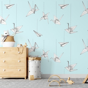 Origami Airplanes Nursery Wallpaper, Airplane Flying Playroom Wall Decor, Kids Mural with clouds, Boy Room Wall Art