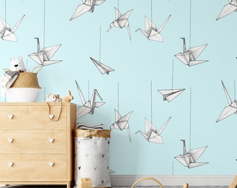 Origami Airplanes Nursery Wallpaper, Airplane Flying Playroom Wall Decor, Kids Mural with clouds, Boy Room Wall Art