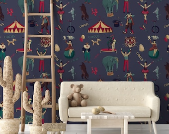 Vintage Circus Nursery Wallpaper for Boys Room Decor, Mauve Nursery Wall Decor, Whimsical Circus Animals Retro Wall Art