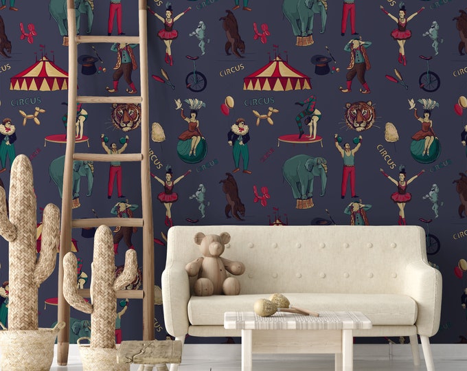Vintage Circus Nursery Wallpaper for Boys Room Decor, Mauve Nursery Wall Decor, Whimsical Circus Animals Retro Wall Art