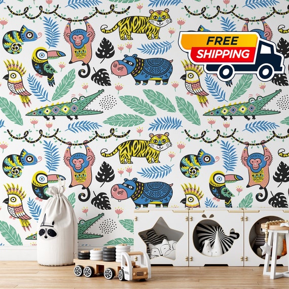 Jungle Wallpaper for nursery Decor, Safari Wall Art for Kids Room