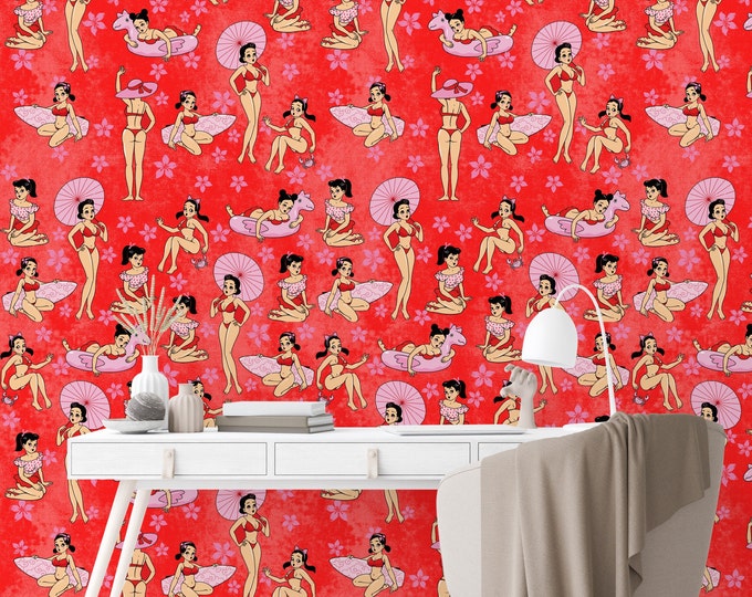 Vintage Pin Up Girl Wallpaper, Retro Red Background, 1930s Art Deco Kitsch Glam Wall Mural