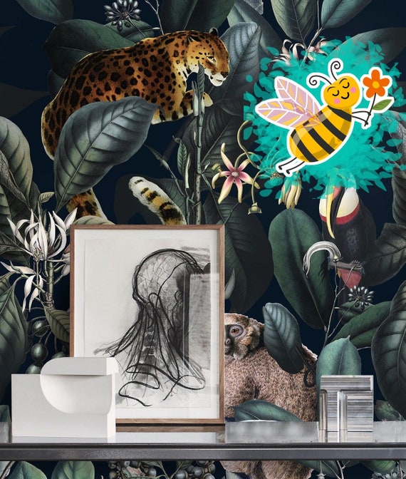 Create an Enchanting Tropical Night in Your Space with Our Jaguar and Monkey Wallpaper | Stunning Jungle Floral Design
