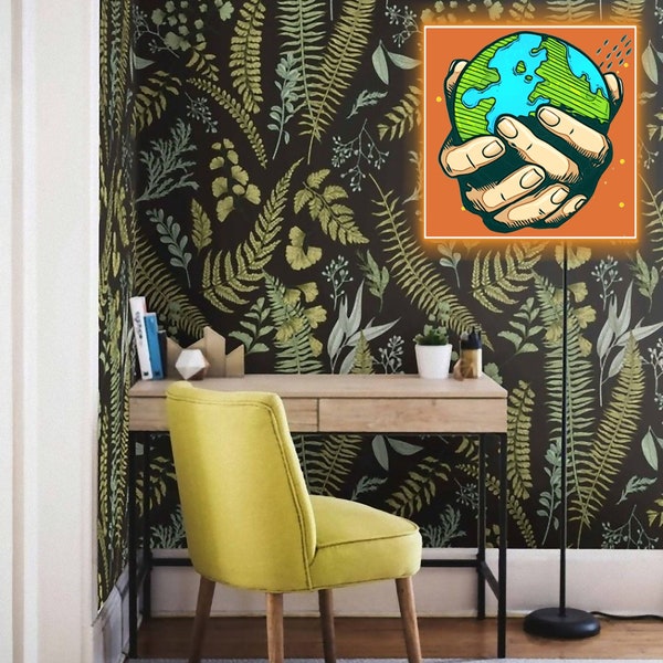 Greenery Fern Botanical Wallpaper, Leaf Illustration Nature Wall Decor, DIY Office Vintage Wall Art