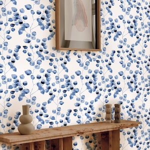 Carta da parati Eucalipto, Carta da parati con foglie Edera Bianca e Blue Acquarello