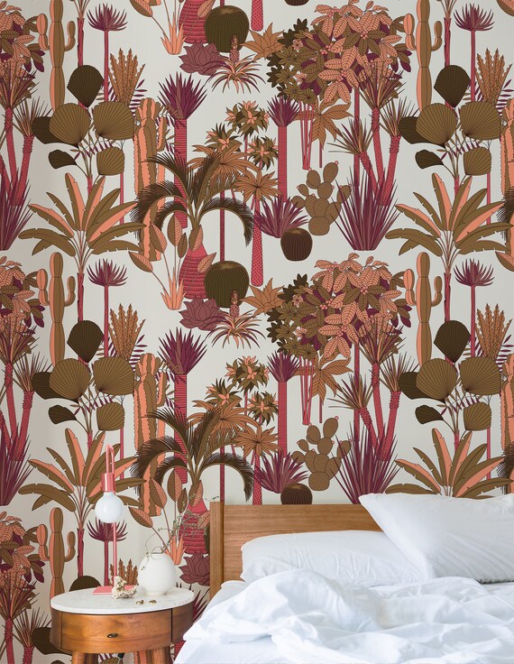 Floral Pink Leafs and Trees Jungle Wallpaper, Wild Rainforest Wall Decor, Garden Wall Art