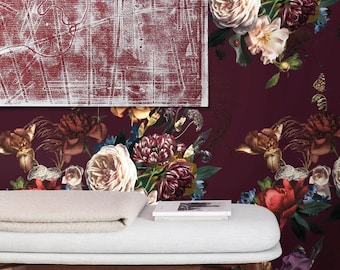 Floral Overlay Dutch Wallpaper for Baroque Decor or Accent Wall, White Peonies Botanical Flowers