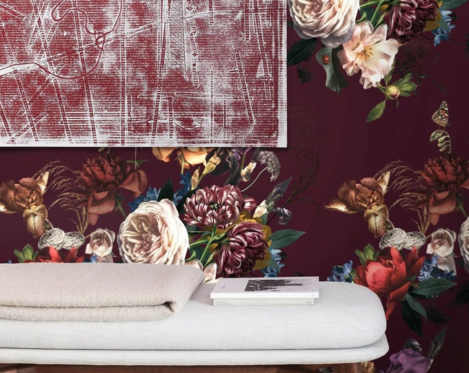 Floral Overlay Dutch Wallpaper for Baroque Decor or Accent Wall, White Peonies Botanical Flowers