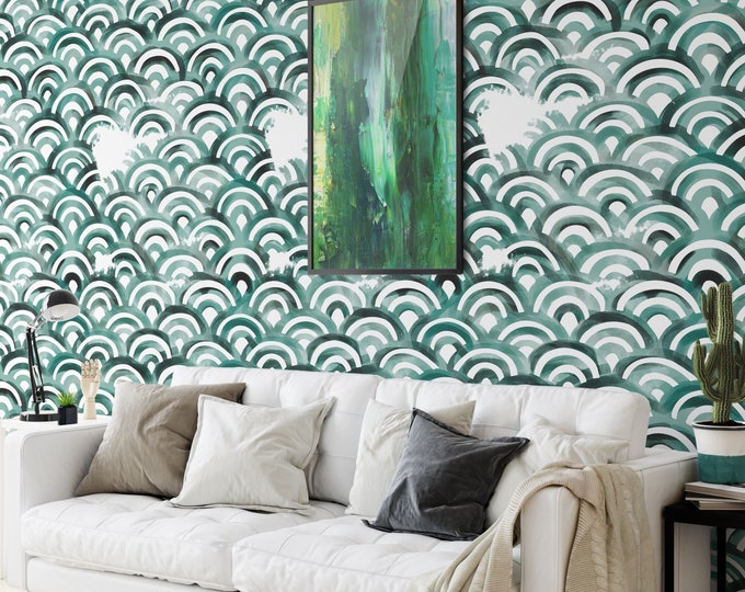 Mid Century Green Modern Scalloped Wallpaper, Scandinavian Watercolor Emerald Wall Decor