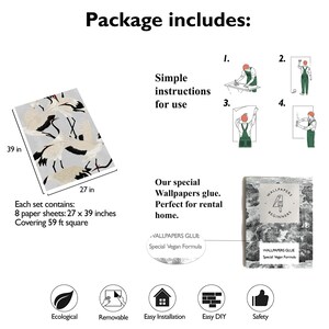 May include: Wallpaper set featuring a crane design. The set contains 8 paper sheets, each measuring 68.58 x 99.06 cm, covering 5.48 square meters. The package includes wallpaper glue and simple instructions for use.