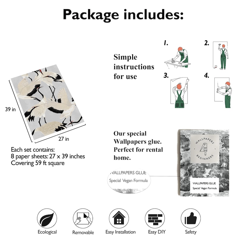 May include: Wallpaper set featuring a crane design. The set contains 8 paper sheets, each measuring 68.58 x 99.06 cm, covering 5.48 square meters. The package includes wallpaper glue and simple instructions for use.