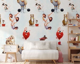 Watercolor Circus Nursery Wallpaper, Vintage Circus Animals Wall Decor, Blue White Kids Room Wallpaper