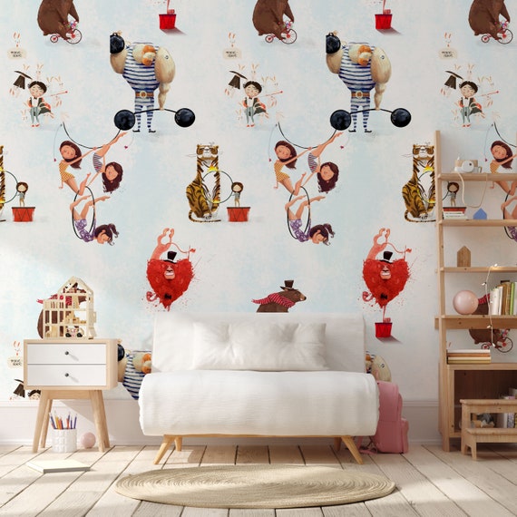 Watercolor Circus Nursery Wallpaper for Boys Room Decor, Nursery Wall Decor, Whimsical Circus Animals Retro Wall Art