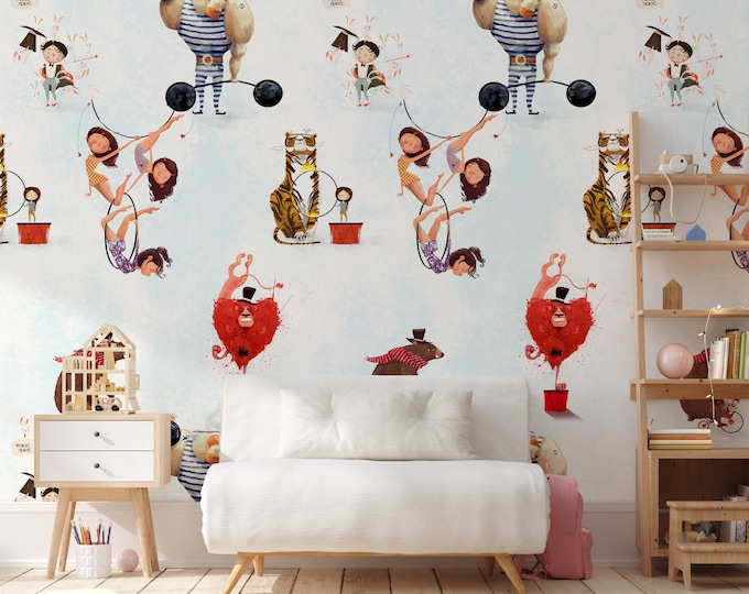 Watercolor Circus Nursery Wallpaper, Vintage Circus Animals Wall Decor, Blue White Kids Room Wallpaper