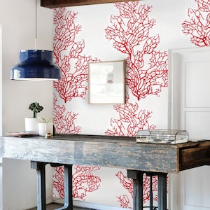 Papier peint corail italien pour décoration de maison de plage, papier peint DIY, peinture aquarelle récif de corail rouge et blanc art mural temporaire