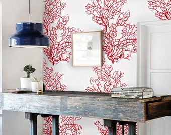 Coral Wallpaper | Red Coral Reef Beach House Decor | Tropical Coastal Bathroom Accent Wall