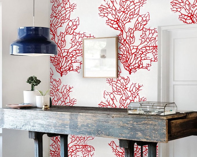 Coral Wallpaper | Red Coral Reef Beach House Decor | Tropical Coastal Bathroom Accent Wall