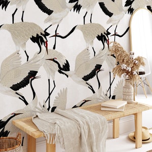 White Heron Print Wallpaper, Asian Birds Wall art, Vintage Crane Removable Chinoiserie Wallpapering image 2