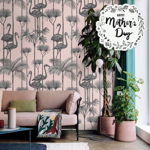 Pink Flamingo Wallpaper, Tropical Birds Vintage Wallpaper, Dramatic Wall Covering