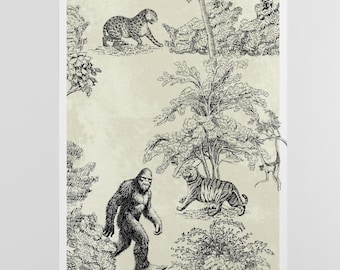 Bigfoot Toile Poster, Surreal Vintage Wall Art, Jungle Animal Print, Cryptid Illustration, Unique Nature Decor