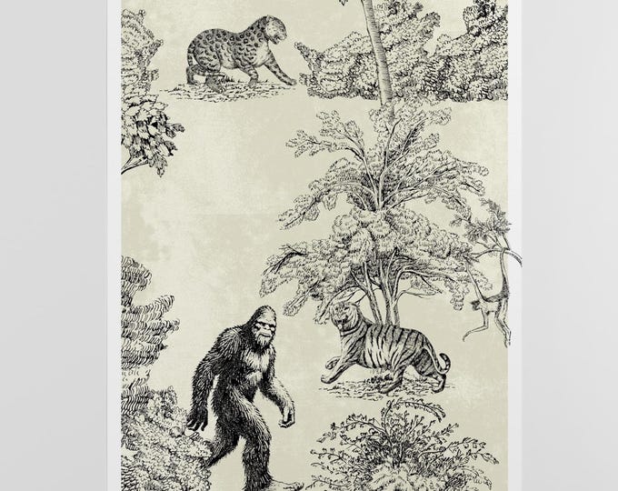 Bigfoot Toile Poster, Surreal Vintage Wall Art, Jungle Animal Print, Cryptid Illustration, Unique Nature Decor