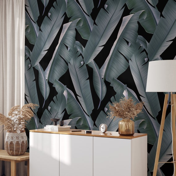 Black Leaves Tropical wallpaper, Palm Print Wall Art for Dark Tropical Decor