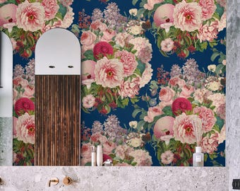Blue Floral Wallpaper, Maximalist Botanical Peony Flower Wallpaper, Large Pink Vintage Accent Wall Decor